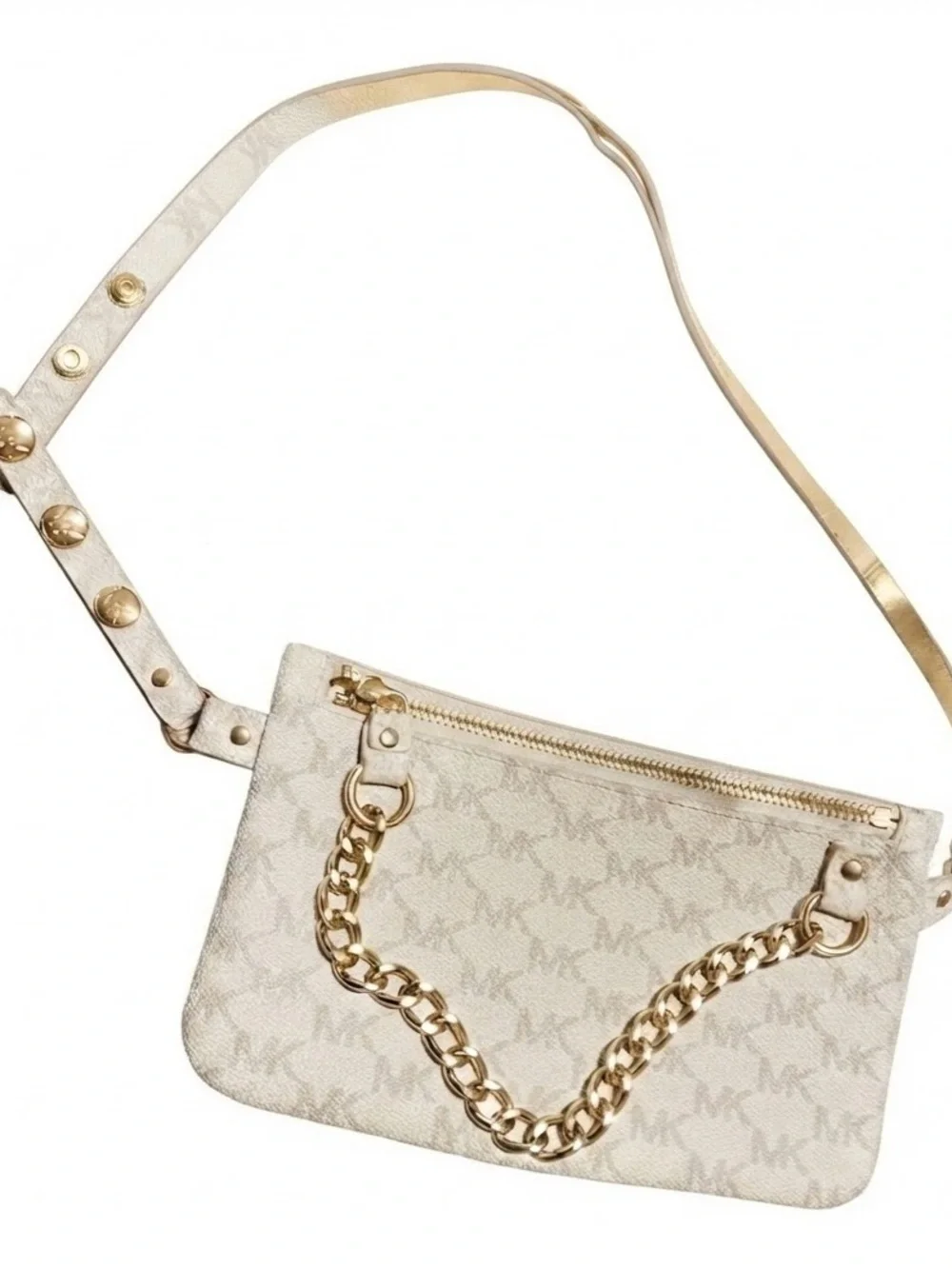 Michael Kors Beige Logo Crossbody with Gold Chain Strap